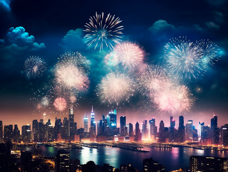 Beautiful night cityscape with the city lights on. Skyscrapers skyline waterfront with fireworks. New Year holiday celebrating concept. Ai Generative illustration.の素材