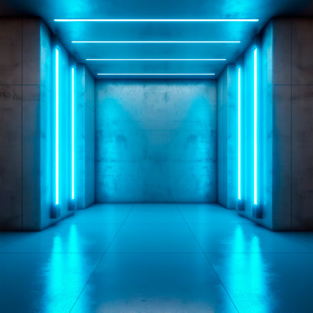 Futuristic Sci Fi neon glowing blue concrete walls hall room scene stage empty room interior. Ai generative illustrationの素材