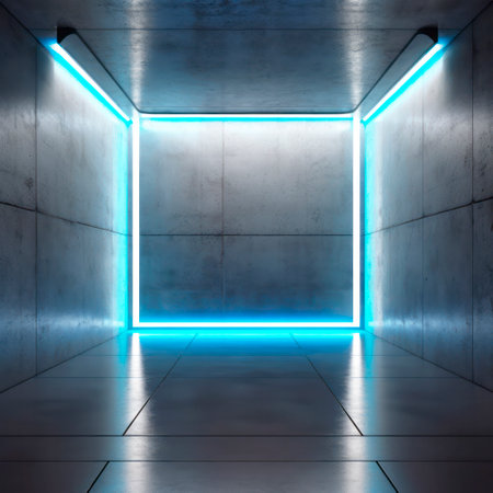 Futuristic Sci Fi neon glowing blue concrete walls hall room scene stage empty room interior. Ai generative illustrationの素材
