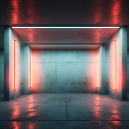 Futuristic Sci Fi neon glowing blue concrete walls hall room scene stage empty room interior. Ai generative illustrationの素材
