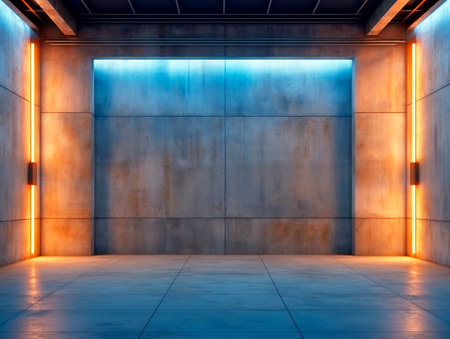 Futuristic Sci Fi neon glowing blue concrete walls hall room scene stage empty room interior. Ai generative illustrationの素材