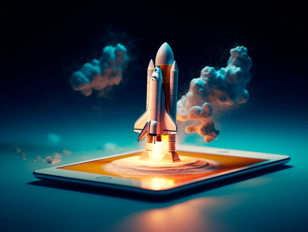 Spaceship launch from digital tablet. Rocket starts from mobile device screen. Concept of a successful start up of a business. Creative idea, education online. Ai Generative illustrationの素材