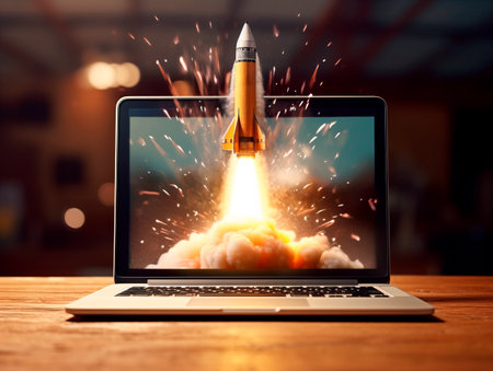 Rocket starts from computer device screen. Spaceship launch from Laptop. Concept of a successful start up of a business. Creative idea, education online. Ai Generative illustrationの素材