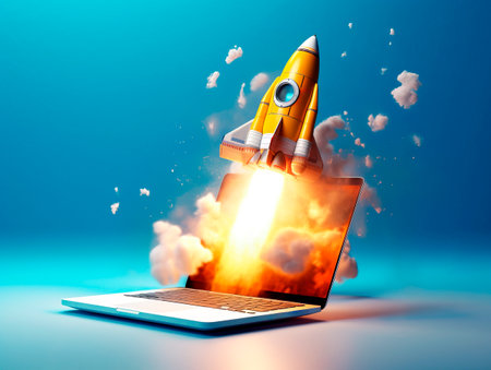 Rocket starts from computer device screen. Spaceship launch from Laptop. Concept of a successful start up of a business. Creative idea, education online. Ai Generative illustrationの素材