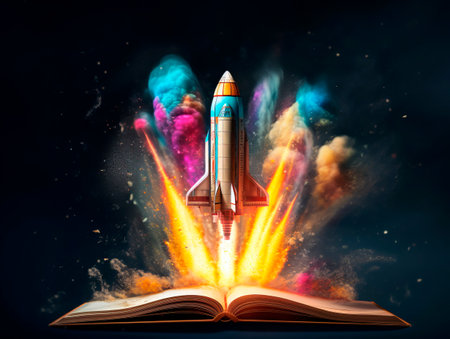 Rocket starts from open book. Spaceship launch from dictionary. Concept of a successful start up of a business. and education. Creative idea. Ai Generative illustrationの素材