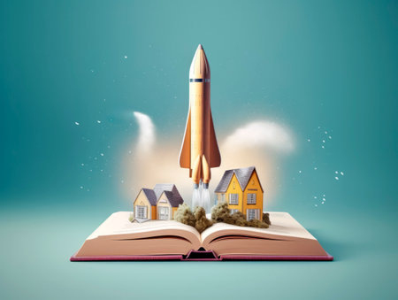 Rocket starts from open book. Spaceship launch from dictionary. Concept of a successful start up of a business. and education. Creative idea. Ai Generative illustrationの素材
