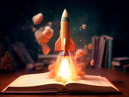 Rocket starts from open book. Spaceship launch from dictionary. Concept of a successful start up of a business. and education. Creative idea. Ai Generative illustrationの素材