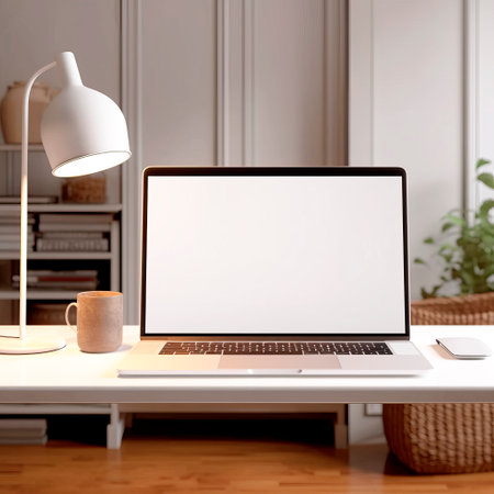 Cozy workspace with clean desk, laptop, table lamp, coffee mug. AI generativeの素材