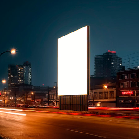 Nocturnal city scene with neon lights, empty billboard, and soft car lights. AI generativeの素材