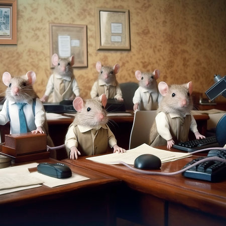 Anthropomorphic mice in suits working at desk, quirky recursive picture, office setting. AI generative.の素材