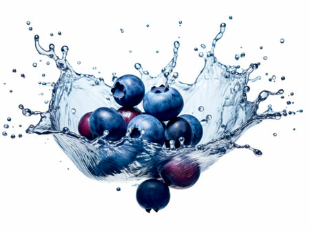 Falling blueberries meets water in a splash, white background. Lots of crystal drops. AI generative illustration.の素材