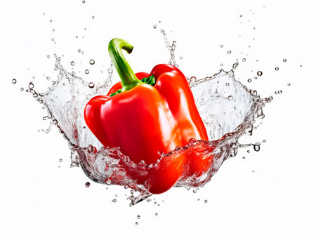 Falling bell pepper vegetable meets water in a splash, white background. Lots of crystal drops. AI generative illustration.の素材