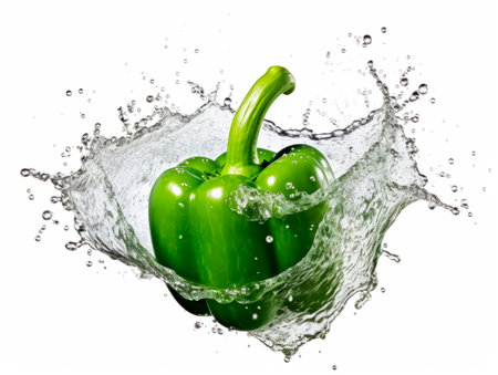Falling bell pepper vegetable meets water in a splash, white background. Lots of crystal drops. AI generative illustration.の素材