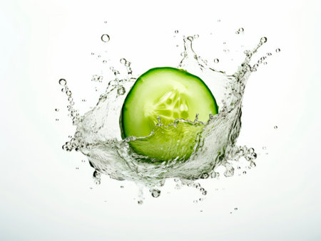 Falling cucumber vegetable meets water in a splash, white background. Lots of crystal drops. AI generative illustration.の素材