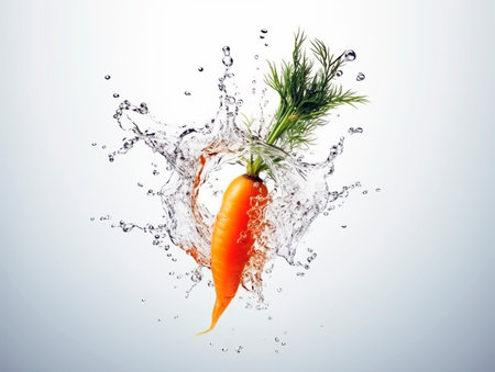 Falling carrot vegetable meets water in a splash, white background. Lots of crystal drops. AI generative illustration.の素材