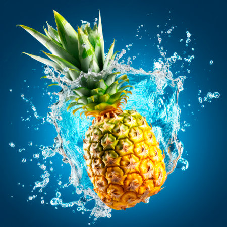 Falling pineapple fruit meets water in a splash, blue background. Lots of crystal drops. AI generative illustration.の素材