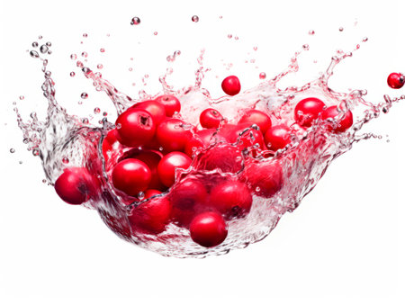 Falling cranberries meets water in a splash, white background. Lots of crystal drops. AI generative illustration.の素材