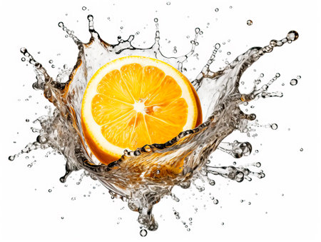 Falling lemon fruit meets water in a splash, white background. Lots of crystal drops. AI generative illustration.の素材