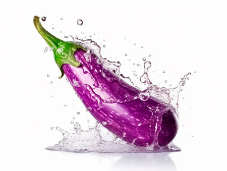 Falling eggplant vegetable meets water in a splash, white background. Lots of crystal drops. AI generative illustration.の素材