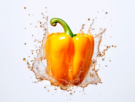 Falling bell pepper vegetable meets water in a splash, white background. Lots of crystal drops. AI generative illustration.の素材