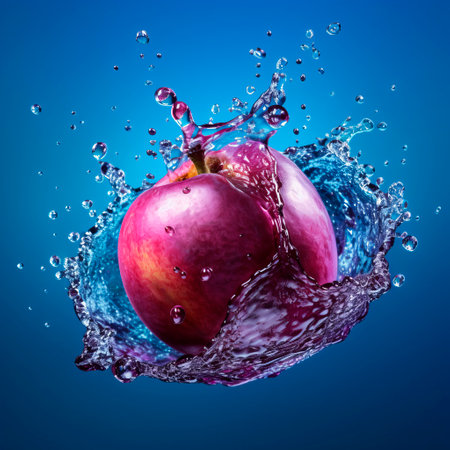Falling plum fruit meets water in a splash, blue background. Lots of crystal drops. AI generative illustration.の素材