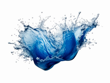 Blue Colored water splash, white background. Lots of crystal drops. AI generative illustration.の素材