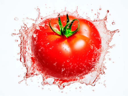 Falling tomato vegetable meets water in a splash, white background. Lots of crystal drops. AI generative illustration.の素材