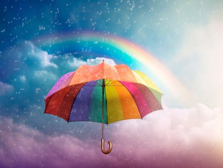 Rainbow colored umbrella in rainy cloudy background. Ai generative illustrationの素材