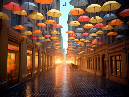 Colorful umbrellas float and fly in sky, rain and sunny weather forecast, city background, Insurance protection Concept. Ai Generativeの素材