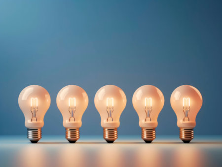 A row of glowing white light bulbs, capturing attention with symbolic power of choice. The concept of Idea. AI generative.の素材
