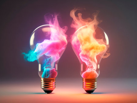 Two colorful light bulbs shines with creative brilliance, symbolizing ideas. Rainbow colors smoke. Creative idea concept. Teamwork, together. AI generative illustration art.の素材