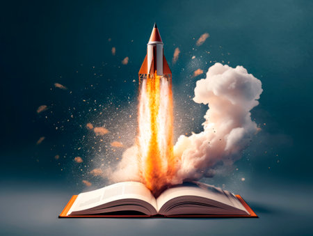 Rocket starts from open book. Spaceship launch from dictionary. Concept of a successful start up of a business. and education. Creative idea. Ai Generative illustrationの素材