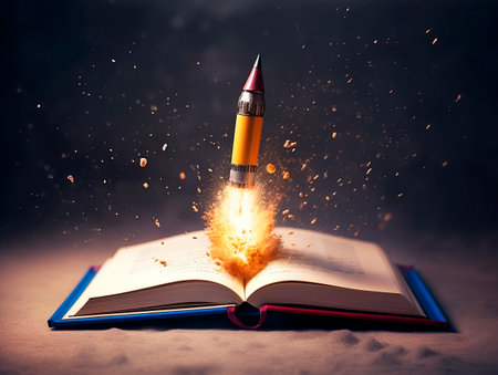 Rocket starts from open book. Spaceship launch from dictionary. Concept of a successful start up of a business. and education. Creative idea. Ai Generative illustrationの素材
