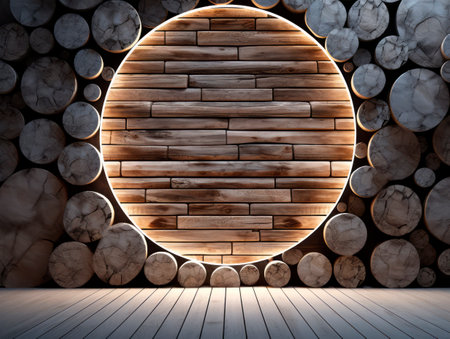 Circle wooden wall design on empty room interior background. Modern design architect space. Ai Generative Illustration.の素材