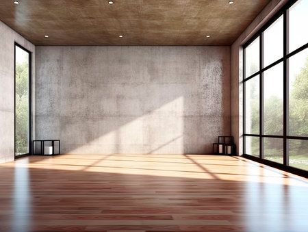 Empty room interior with concrete walls, wooden floor with light and soft skylight from window. Background with copy-space. Ai Generative illustrationの素材