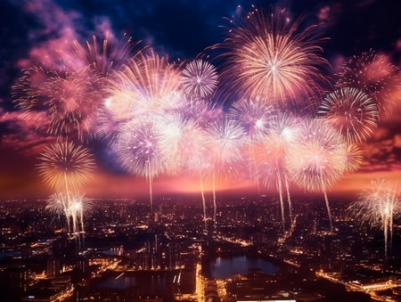 Beautiful night cityscape with the city lights on. Skyscrapers skyline waterfront with fireworks. New Year holiday celebrating concept. Ai Generative illustration.の素材