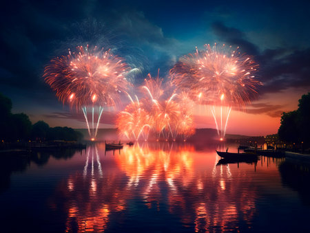 Beautiful night harbor with lights on. Boats lake waterfront with fireworks. New Year holiday celebrating concept. Ai Generative illustration.の素材