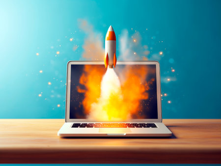 Rocket starts from computer device screen. Spaceship launch from Laptop. Concept of a successful start up of a business. Creative idea, education online. Ai Generative illustrationの素材