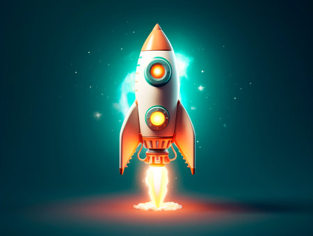 Rocket starts from abstract ground. Spaceship launch with fire and smoke. Concept of a successful start up of a business. Creative idea, education online. Ai Generative illustrationの素材
