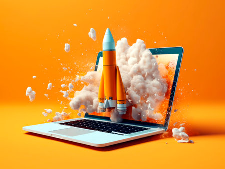 Rocket starts from computer device screen. Spaceship launch from Laptop. Concept of a successful start up of a business. Creative idea, education online. Ai Generative illustrationの素材