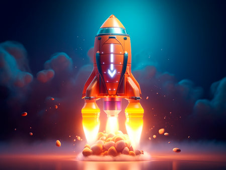 Rocket starts from abstract ground. Spaceship launch with fire and smoke. Concept of a successful start up of a business. Creative idea, education online. Ai Generative illustrationの素材