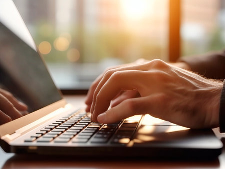 Businessman hands typing and working with laptop computer on wooden table close up. Side View. Freelancer lifestyle. Business technology concept. Ai Generative Illustration.の素材