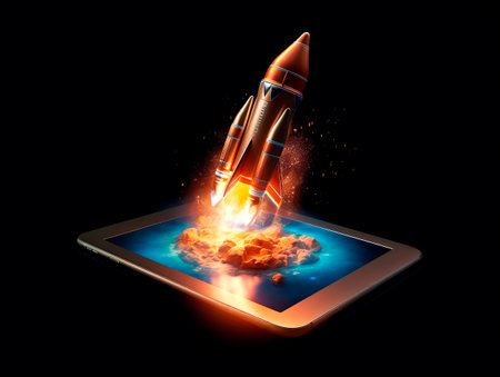 Spaceship launch from digital tablet. Rocket starts from mobile device screen. Concept of a successful start up of a business. Creative idea, education online. Ai Generative illustrationの素材