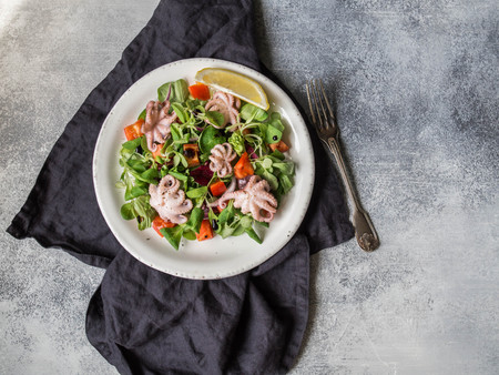 Salad with mini octopus, lettuce leaves, tomatoの写真素材