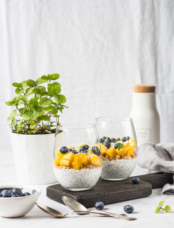 Chia, yogurt, granola, mango, blueberries, coconut chips, a few drops of honey and mint in glassesの写真素材