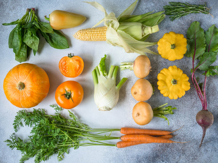 Fresh harvest of vegetables flat-lay - turnips, carrots, beet, fennel, pumpkin, spinach, rosemary, pattinsons and corn for cooking dinner. Gray and white backgroundの写真素材