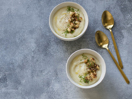 Cauliflower cream soup Top view. Copy spaceの写真素材