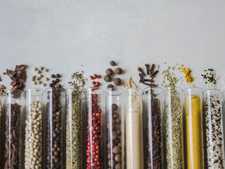 Various dry spices in glass tubes and spilled on gray background.の写真素材