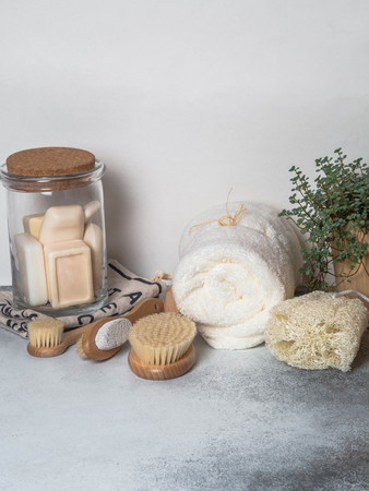 Zero waste concept. Eco-friendly bath set. Brushes, flower in jar, towel, pumice, flowerpot. Copy spaceの写真素材