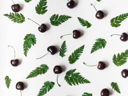 Flat lay composition of green fern leaves and cherries on white